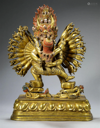 Imperial Sino Tibetan 17/18th C. Gilt Bronze Yamantaka Figur...