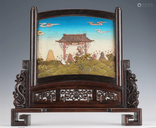 Qing Dynasty Zitan Inlaid Carp Leaping Dragon Table Screen