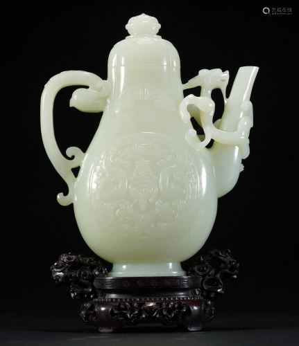 Chinese Qing Dynasty White Jade Longevity Pattern Teapot