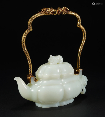 Chinese Qing White Jade Elephant Finial Lobed Teapot