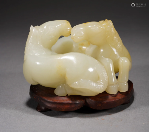 Chinese Qing 18th C. White Jade Double Horse