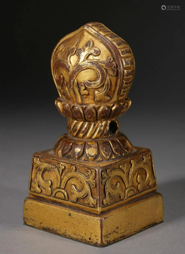 Tibetan 17th C. Gilt Buddhist Bronze Seal