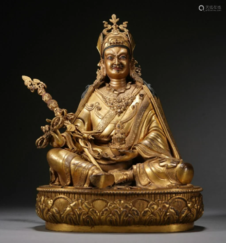 Tibetan 18th C. Gilt Bronze Figure of Guru Rinpoche