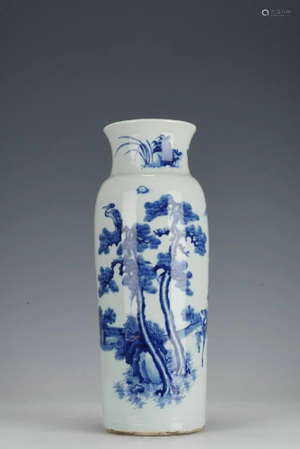Chinese Ming Blue and White Pines Cylinder Vase