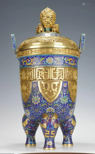 Large Chinese Qing Cloisonne Enamel 18th C. Tripod Censer Bu...