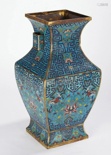 Chinese 18th C. Cloisonne Enamel and Gilt Square Vase