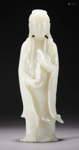 Qing Dynasty White Jade Avalokitesvara Standing Statue