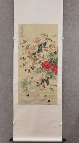 Hundred Butterflies Vertical Scroll (Silk), Yu Zhizhen
