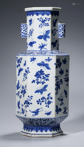 Chinese Blue and White Butterfly & Flower Hexagonal Vase