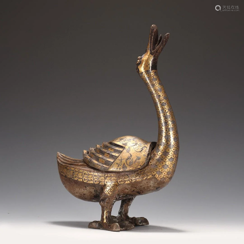 A Rare Bronze Inlaid Gold and Silver Duck Ornament