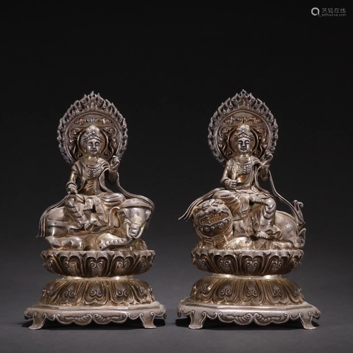 A Pair of Statues of Silver Manjushri