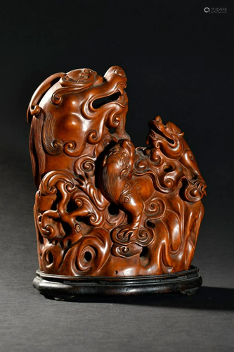 A Top and Rare Carved Huangyang Wood Lion Aromatherapy Ornam...