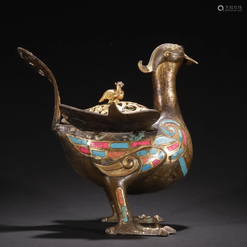 A Top and Rare Gilt-bronze Inlaid Gems Phoenix Bird Aromathe...