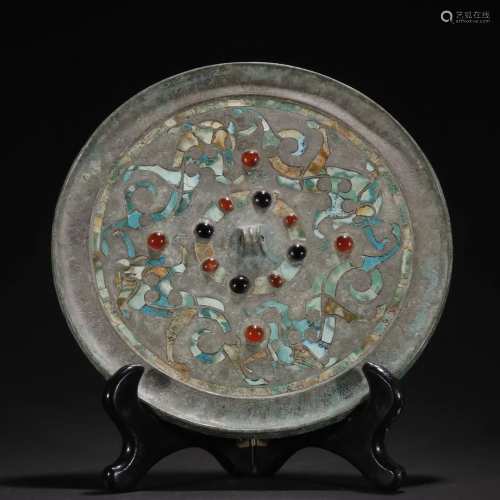A Rare Bronze Inlaid Gems Mirror