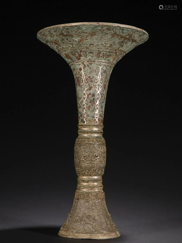 A Rare and Top Bronze Inlaid Silver Wine Vessel,Gu