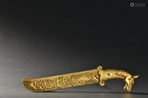 A Top and Rare Gilt-bronze Inlaid Gems Horse Head Knife