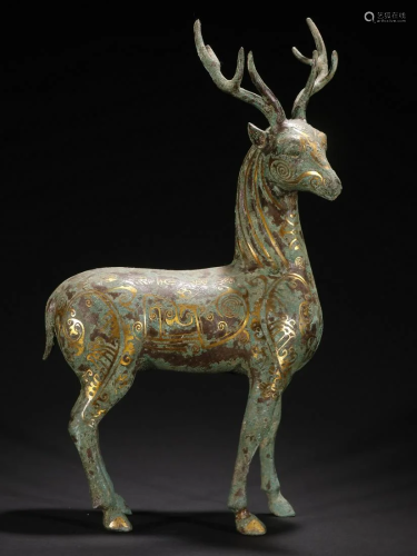 A Top and Rare Bronze Inlaid Gold Deer Ornament