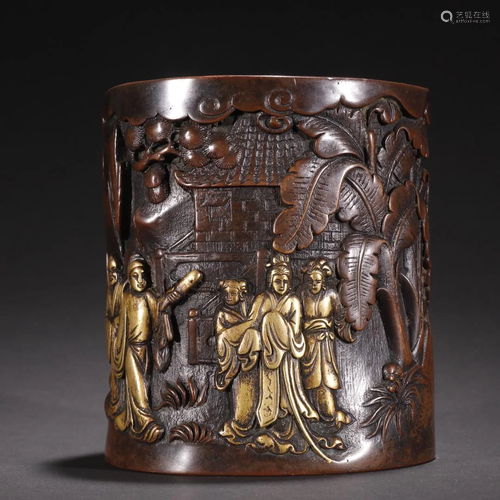 A Fine Gilt-Copper Character Story Pen Holder