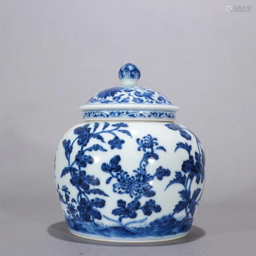 A Delicate Blue and White 'Flowers' Jar With Cover