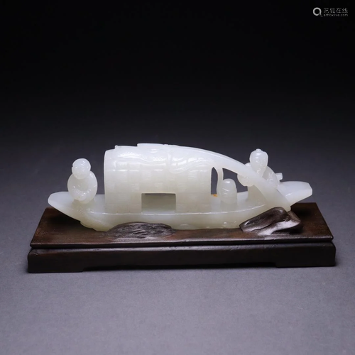 A Top Hetian White Jade Fishing Boat Ornament