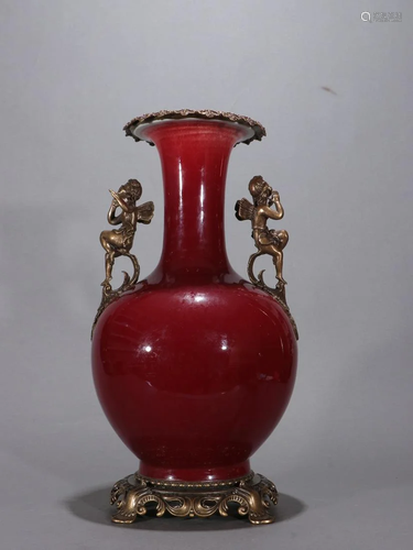 A Rare Red Glazed and Gilt-bronze Vase