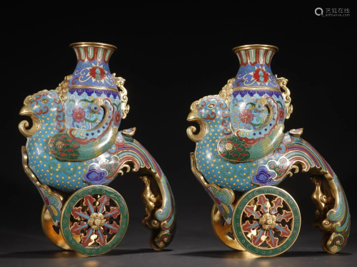 A Pair of Gilt-bronze Cloisonne Enamel Pheonix Ornaments