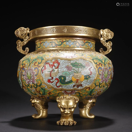 A Rare and Top Gilt-bronze Cloisonne Enamel Censer