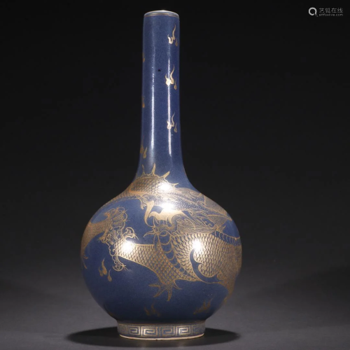 A Rare Blue Glazed Painted Gold Dragon Pattern Bottle