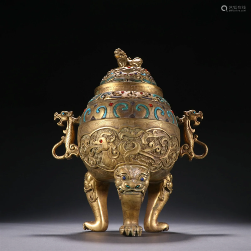 A Fine Gilt-bronze Inlaid Gems Censer