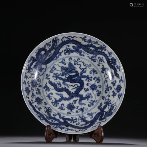 A Rare Blue and White Dragon Pattern Plate