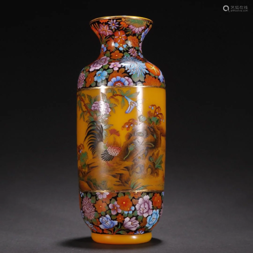 A Rare Glass and Enamel 'Flowers and Birds' Vase