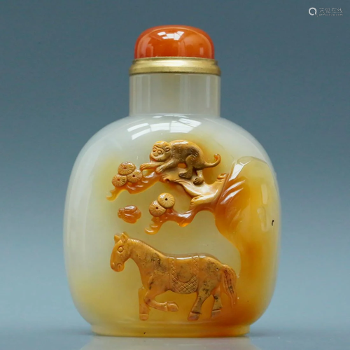 A Fabulous Agate Incised 'Monkey& Horse' Snuff Bottle