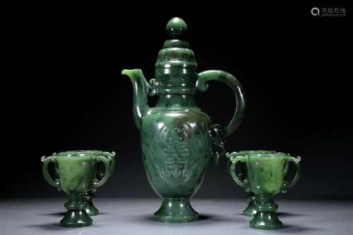 An Excellent Jasper Ewer With Four Miniature Cups