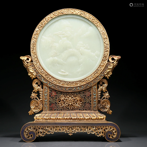 An Exquisite White Jade 'Landscape& Figure' Table Screen Wit...