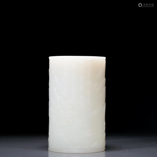 An Exquisite White Jade 'Landscape& Figure' Brush Pot