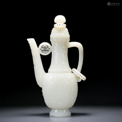 An Excellent White Jade 'Scrolling Lotus' Ewer