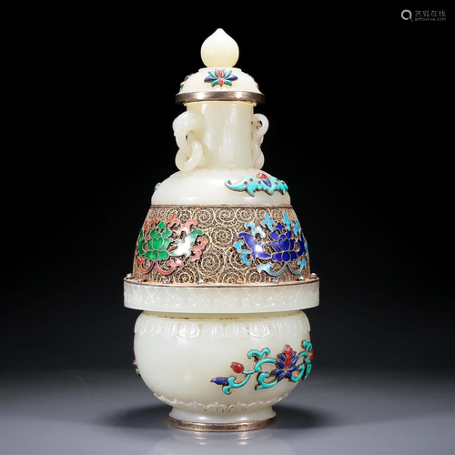 A Wonderful White Jade Gilt Silver-Mounted Gem-Inlaid 'Scrol...