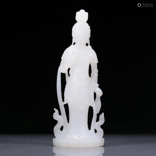 An Exquisite White Jade Figure Of Guanyin