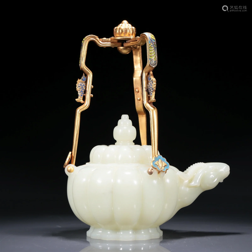 A Wonderful White Jade 'Ram Head' Melon-Ridged Ewer With A G...