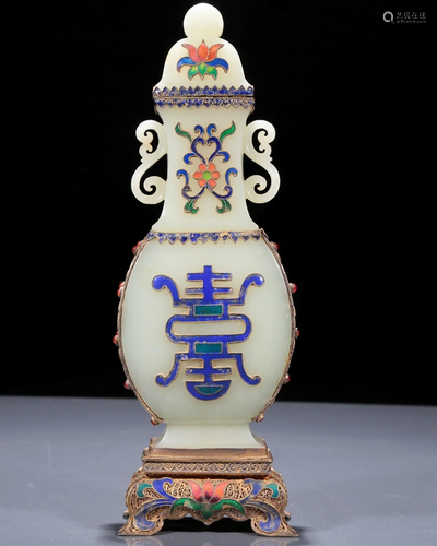 A Superb White Jade Gilt-Silver-Mounted Blueing 'Flower' Vas...