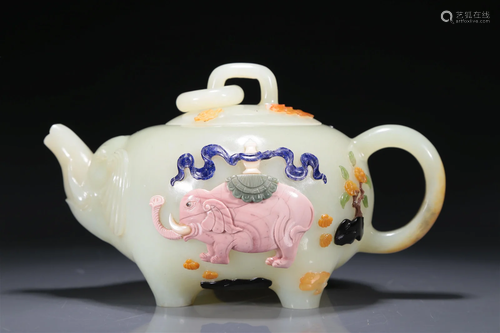 A Brilliant Imperial White Jade Gem-Inlaid 'Elephant' Teapot