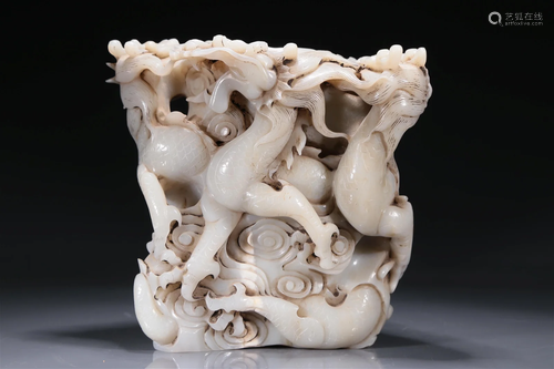 A Brilliant White Jade 'Dragon& Auspicious Cloud' Brush Pot