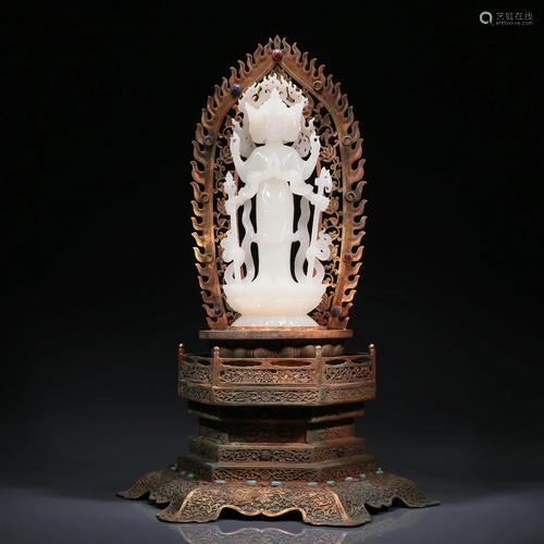 A Marvelous White Jade Figure Of Bodhisattva With A Gilt-Bro...