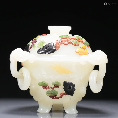 A Brilliant Imperial White Jade Gem-Inlaid 'Bird& Flower' Tr...