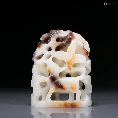 A Magnificent White Jade 'Flower& Deer' Decoration