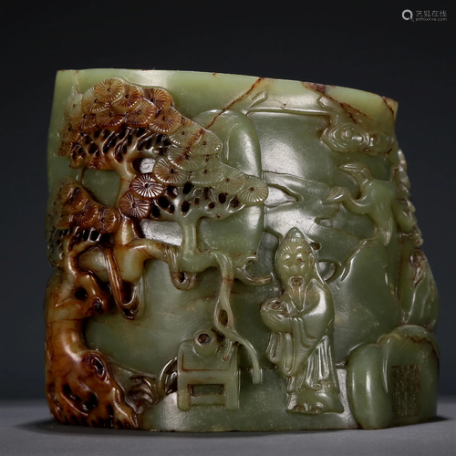 A Wonderful Celadon Jade 'Landscape& Figure' Brush Pot