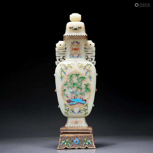 A Fabulous White Jade Gilt Silver-Mounted Blueing 'Flower& B...