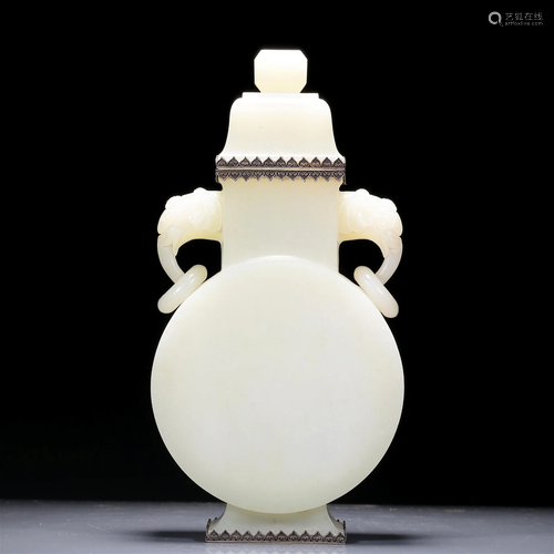 A Superb White Jade Gilt Silver-Mounted Elephant-Handled Vas...