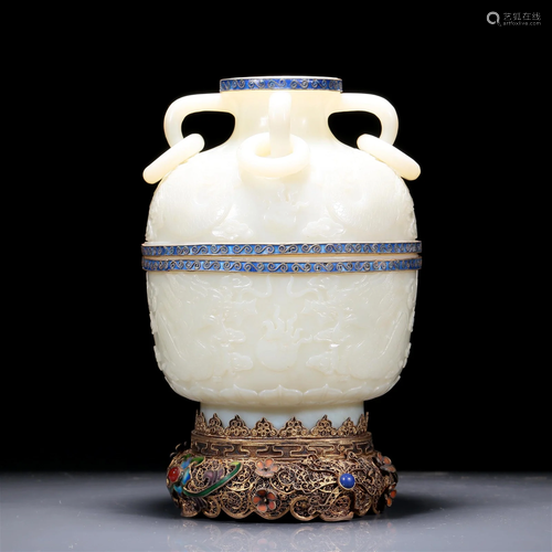 A Superb White Jade Gilt Silver-Mounted Blueing 'Auspicious ...