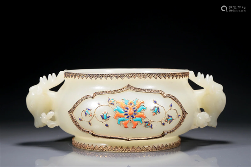 A Magnificent White Jade Gem-Inlaid Gilt Silver-Mounted 'Scr...